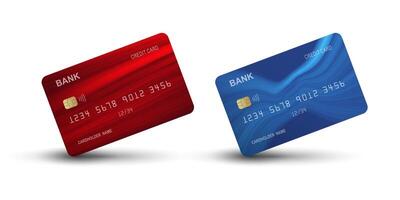 Blue and red realistic detailed 3d style different credit debit cards mockups vector