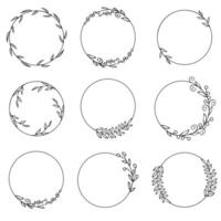 Linear circles hand-drawn frame with leaves vector