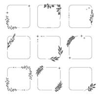 Linear hand-drawn square frame with leaves vector