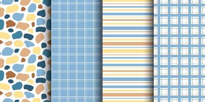 Set of cute seamless patterns of multicolored curved checkered lines and confetti, polka dots, striped pattern on a light background, hand drawn illustration vector