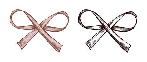 Vintage hand drawn colored and black vintage sketch of a decorative bow with ribbons vector