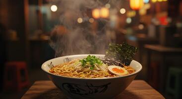 Steaming Bowl of Authentic Japanese Ramen Noodles with Egg and Nori photo