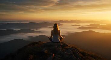 A Woman Sitting in Meditation on a Mountain Summit at Dawn, Embracing the Beauty of Nature and a Peaceful Sunrise photo