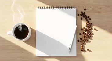 Warm and Inviting Flat Lay Featuring an Open Notebook, a Cup of Black Coffee, a Silver Pen, and Coffee Beans on a Light Wooden Table, Ideal for Productivity and Mockups photo