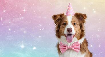 Festive Border Collie in a Pink Birthday Hat and Matching polka dot Bow Tie Against a Glittery Pastel Sky with Copy Space photo