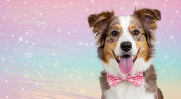 Happy Border Collie Dog Wearing a Pink Star Bow Tie on a Pastel Sparkle Background with Empty Space for Text photo