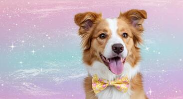 Happy Border Collie Dog Wearing a Yellow Star Bow Tie on a Pastel Sparkle Background with space for text photo