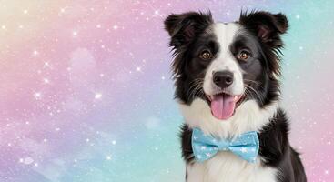 Happy black and white border collie dog wearing a sky blue polka dot bow tie, against a magical pastel bokeh background with space for text photo