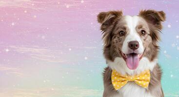 Adorable Smiling Border Collie Dog Dressed for a Celebration with a Fancy Yellow Bow Tie on a Dreamy Bokeh Backdrop with Empty Space for Text photo