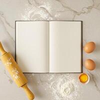 Open Cookbook with Rolling Pin, Eggs, and Flour, Baking Concept photo