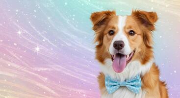 Brown and white border collie dog wearing a sky blue polka dot bow tie, against a magical pastel bokeh background with space for text photo