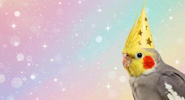 Cockatiel Wearing a Yellow Party Hat with Gold Stars Set Against a Dreamy Pastel Bokeh Background photo