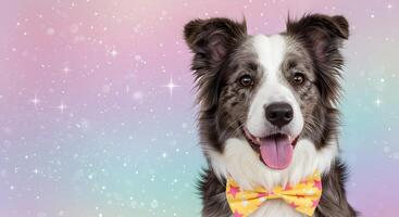 Happy border collie dog wearing a yellow star bow tie on a pastel bright background with empty space for text photo
