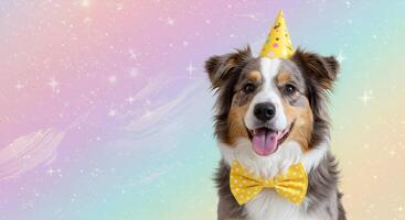 Charming brown and white border collie dog wearing a yellow party suit, birthday hat, and matching polka dot bow tie, against a magical pastel bokeh background with space for text photo