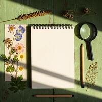 Nature Journaling Flat Lay with Blank Notebook, Pressed Flowers, and Magnifying Glass photo