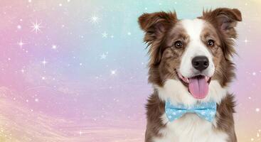 Cute Brown and White Border Collie Dog in a Fancy Bow Tie, Set Against a Soft Pastel Gradient with Glittering Stars with Empty Space for Text photo