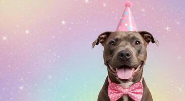 Happy pitbull dog wearing a pink party hat and bow tie on a pastel glitter background with space for text photo