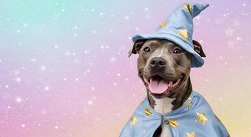 Happy Pit Bull Dog Wearing a Light Blue Wizard Costume on a Pastel Sparkle Background with Copy Space photo