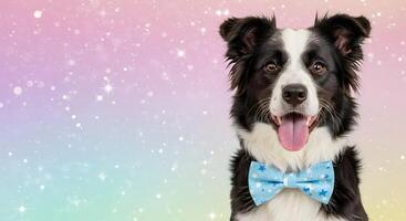 Happy Border Collie Dog Wearing a Blue Star Bow Tie on a Pastel Sparkle Background with Empty Space for Text photo