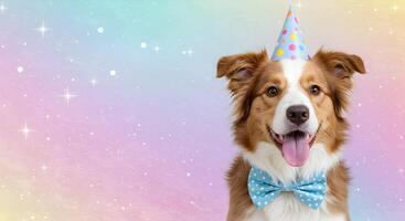 Charming brown and white border collie dog wearing a sky blue party suit, birthday hat, and matching polka dot bow tie, against a magical pastel bokeh background with space for text photo