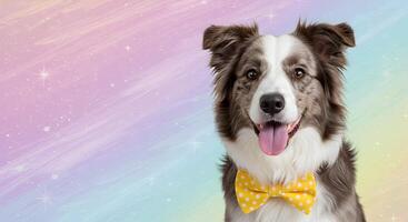 Happy Smiling Border Collie Dog Dressed for a Celebration with a Fancy Yellow Bow Tie on a Dreamy Bokeh Backdrop with Empty Space for Text photo