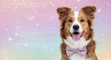 Cute Brown and White Border Collie Dog with a Dapper Bow Tie, Set Against a Magical Pastel Background with Empty Space for Text photo