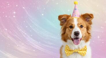 Happy brown and white border collie dog wearing a yellow party suit, birthday hat, and matching polka dot bow tie, against a magical pastel bokeh background with space for text photo