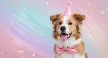 Adorable Smiling Dog Dressed for a Celebration with a Polka Dot Pink Hat and Bow Tie on a Dreamy Bokeh Backdrop with space for text photo