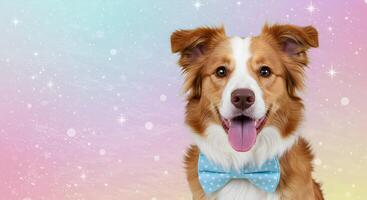 Happy brown and white border collie dog wearing a sky blue polka dot bow tie, against a magical pastel bokeh background with space for text photo