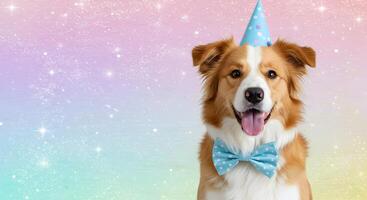 Happy Border Collie dog wearing a blue polka dot hat and matching bow tie on a pastel bright background with empty space for text photo