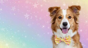 Adorable Smiling Dog Dressed for a Celebration with a Polka Bow Tie on a Dreamy Bokeh Backdrop with Empty Space for Text photo
