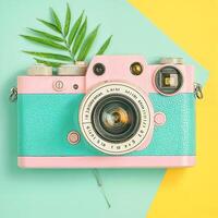 Retro Pastel Camera in Pink and Aqua on Colorful Background photo