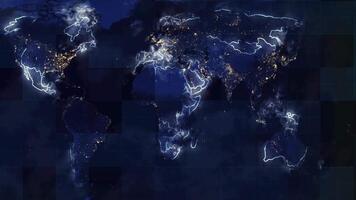 Animation of a global map of the world with visual effects and light connections in different places video
