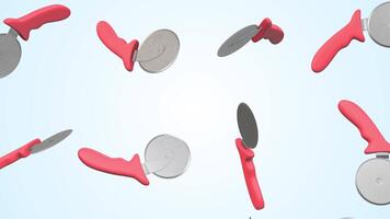 Pizza Cutters Falling on a Light Blue Background. Pizza Slicers 3D Animation. 4K video