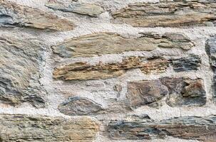 Close up view of an old stone wall highlighting traditional construction methods, showcasing textures and patterns of aged stones and mortar photo
