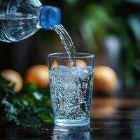 bottle of water is tilted, pouring clear water into a glass placed on a table. photo