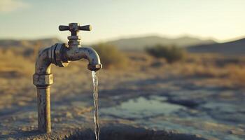 A drip of water from faucet on desert dried area conservation crisis problem photo