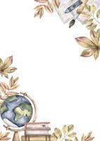 Back to school. Watercolor hand-drawn frame with globe, stack of books, paper, brush, felt-tip pen and autumn leaves. Cute school compositions for kids vector