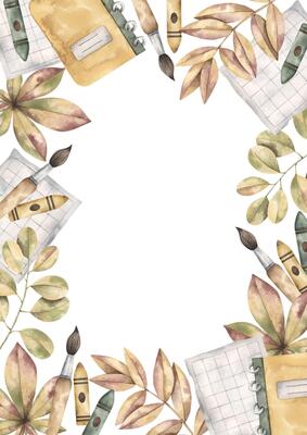 Back to school. Watercolor hand-drawn frame with felt-tip pen, notebook, sheet, brush, autumn leaves. Cute school compositions for kids