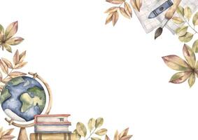 Back to school. Watercolor hand-drawn frame with globe, stack of books, paper, brush, felt-tip pen and leaves. Cute school compositions for kids vector