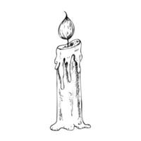 candle with wick and wax. Hand painted linear candlelight illustration style for Christmas or birthday design. Graphic monochrome sketch isolated on background. For designers, prints, logo vector