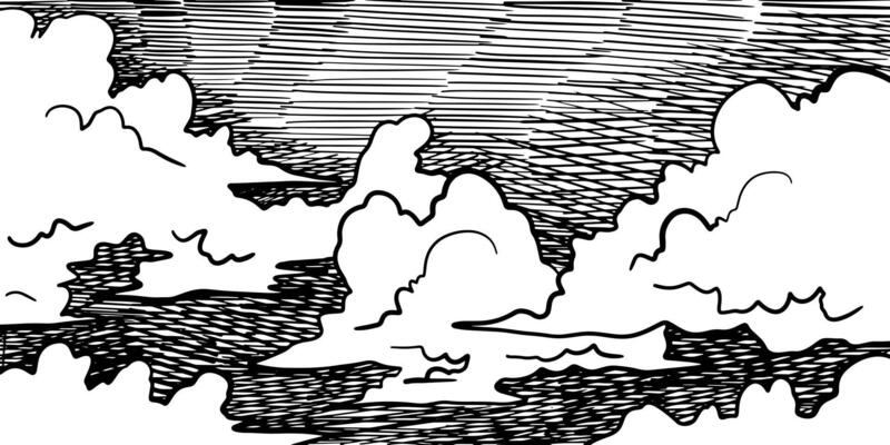 Clouds in hand drawn vintage retro style isolated on white background. Cartoon design elements. Landscape elements in sketch style.
