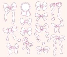 Outline Vintage Coquette Aesthetic Ribbon Bow set. Whimsy Romantic Girly Vibe. Isolated Trendy various accessories elements. Line hand drawings vector