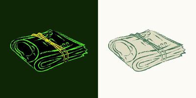 Wad of 100 dollar bills folded in half. Cash money. Outline contour icon. Single isolated object. Grunge style. Neon fluorescent green color. Perspective side view vector