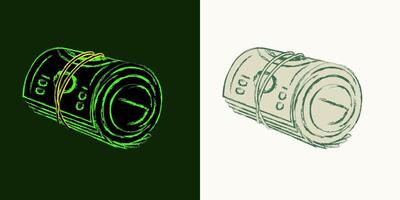 Rolled up 100 dollar bills. Cash money. Outline contour icon. Single isolated object. Grunge style. Neon fluorescent green color. Perspective side view vector