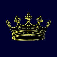 Crown with fleur de lis sign on points. Outline contour illustration. Single isolated object. Grunge style. Neon fluorescent yellow color vector