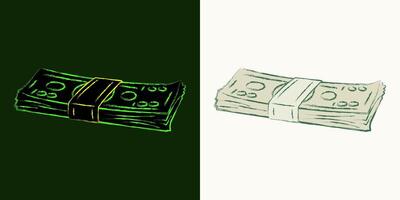 Lying stack of 100 dollar bills. Cash money. Outline contour icon. Single isolated object. Grunge style. Neon fluorescent green color. Perspective side view vector