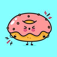 A charming cartoon donut expresses worry, showcasing its cute design and pink frosting on a blue backdrop. vector