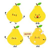 Four yellow cartoon pears are shown with different expressions. One is waving, another is sick with a worm, another is wearing glasses, and the last one has a mustache. vector