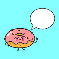 A charming cartoon donut character with glasses, speech bubble, and pointing, on a blue background. vector